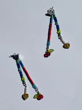 🍒 Handcrafted Heart Stud Colorful Beaded Dangle Earrings W/ Cherry Charms